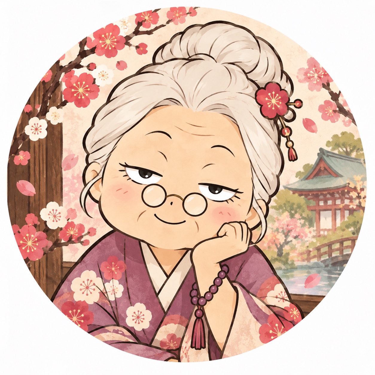 梅の花に囲まれ、優しく微笑む梅ばあ